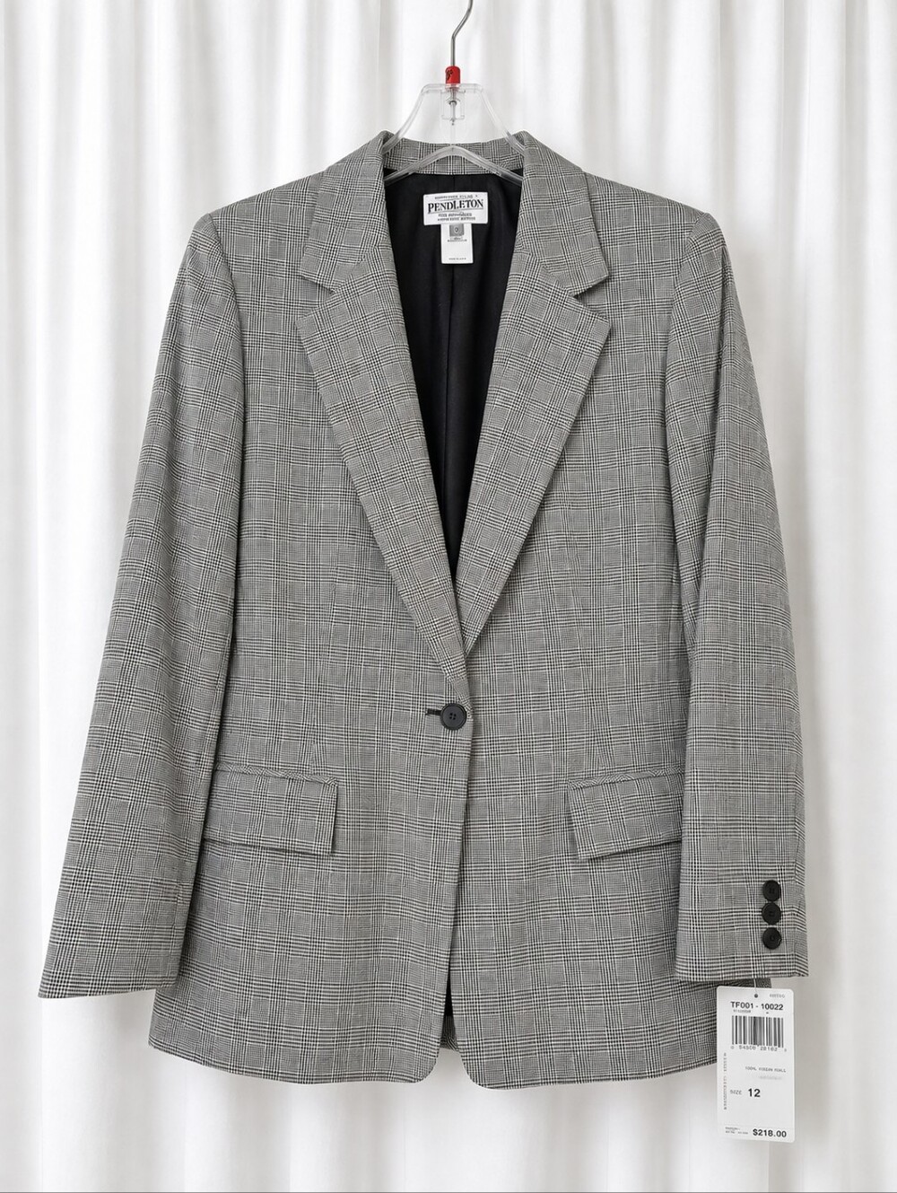 Vintage Pendleton Glen Plaid Wool Black White Single Button Heritage Blazer